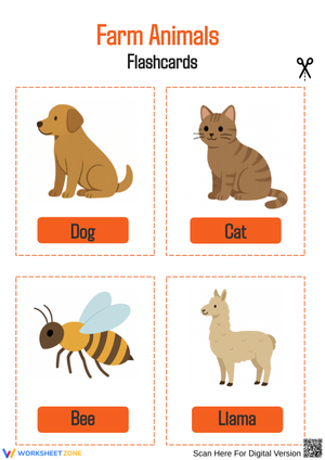Printable Farm Animal Flashcards - Dog, Cat, Bee & Llama