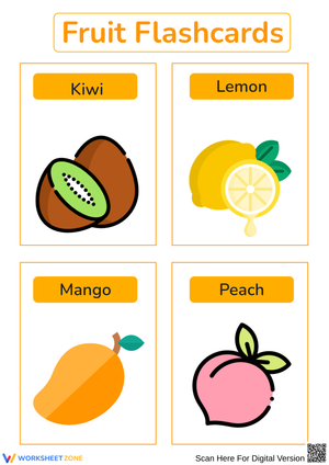 Colorful Fruit Flashcards for Kid: Kiwi, Lemon, Mango & Peach