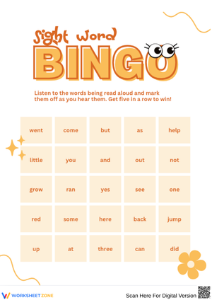Sight Word Bingo Game for Early Readers