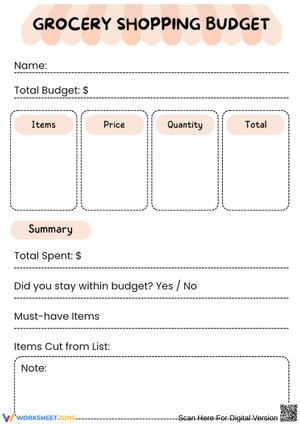 Grocery Shopping Budget Worksheet for Kids