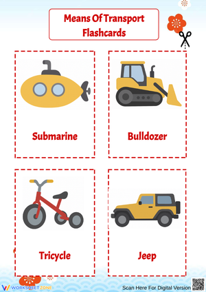 Printable Transportation Flashcards PDF – Submarine, Bulldozer, Tricycle, Jeep