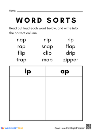 Word Sorts Worksheet – ip and ap Word Families