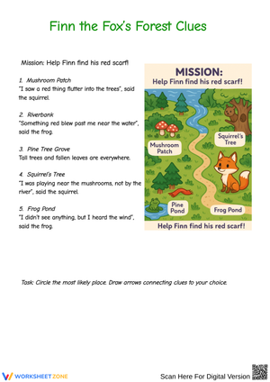 Forest Adventure Worksheet – Finn the Fox’s Clue-Finding Challenge
