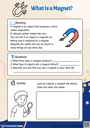 Magnet Worksheet for Kids – Science Reading and Magnetism Activity
