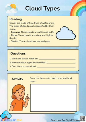 Cloud Types Worksheet for Kids – Read, Identify, and Draw Clouds