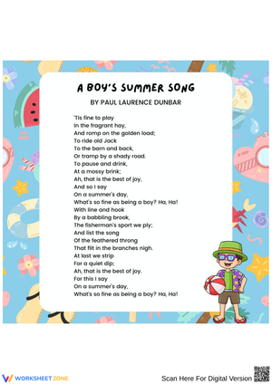 A Boy’s Summer Song by Paul Laurence Dunbar – Poetry Worksheet