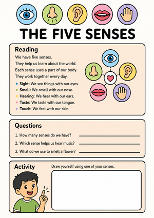Grade 1 Five Senses — Printable No-Prep Worksheet
