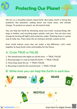 Protecting the Planet Worksheet for Kids – Reduce, Reuse, Recycle Activity