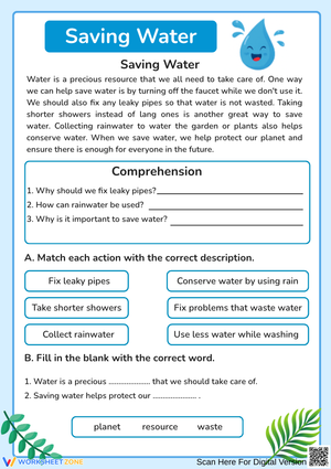 Saving Water Worksheet for Kids – Comprehension & Matching Activity
