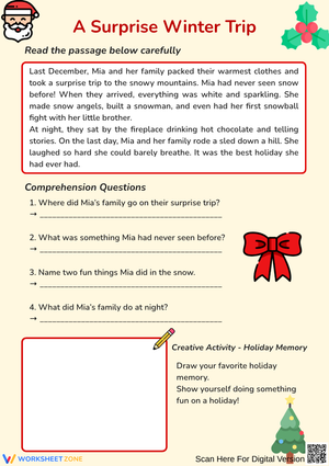 Winter Reading Comprehension Worksheet – A Surprise Holiday Story