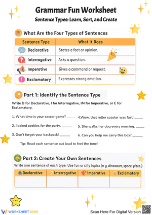 Types of Sentences Worksheet – Grammar Practice & Sentence Writing