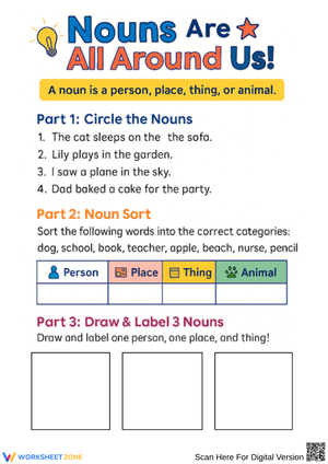 Nouns Worksheet for Kids – Person, Place, Thing, or Animal