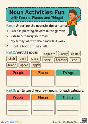 Noun Activities Worksheet – Sort and Write People, Places, and Things