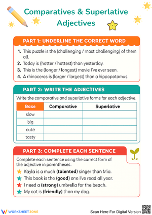 Comparative and Superlative Adjectives Worksheet for Kids