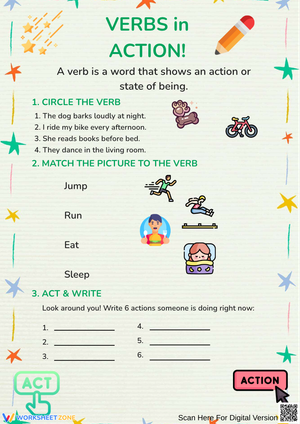 Action Verbs Worksheet for Kids: Verb Identification & Writing Practice