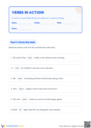 Action Verbs Worksheet for Kids: Verb Identification & Writing Practice