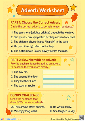 Adverb Practice Worksheet for Elementary Students