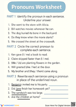 Pronoun Practice Worksheet for Grades 2–4