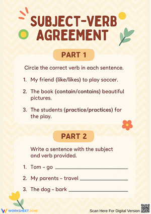 Subject-Verb Agreement Worksheet for Grades 1–3