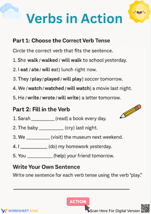 Verbs in Action Worksheet for Past, Present, and Future Tenses