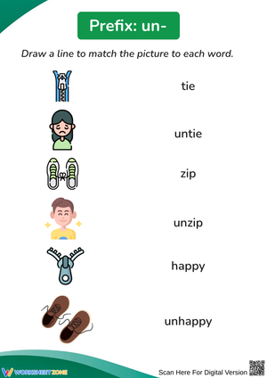 Prefix “un-” Picture Matching Printable Worksheet 