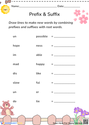 Prefix and Suffix Word Building Worksheet for Grades 2–4
