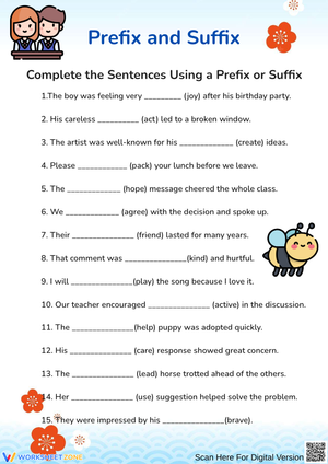 Prefix and Suffix Sentence Completion Worksheet