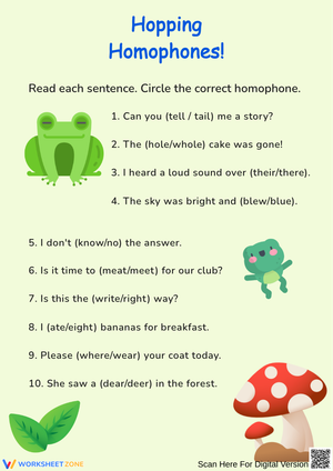 Hopping Homophones Worksheet for Students