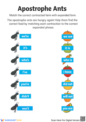 Apostrophe Ants: Fun Matching Worksheet for Contractions