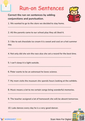 Run-on Sentences Correction Worksheet for Grades 3–5
