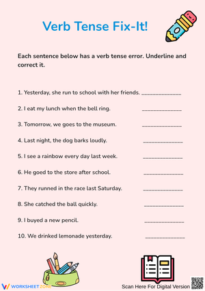 Verb Tense Fix-It Worksheet for Grades 3–5