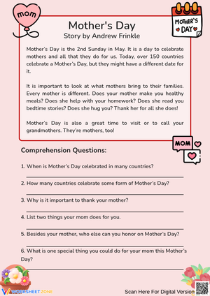 Mother’s Day Reading Comprehension Worksheet for Grades 2-4