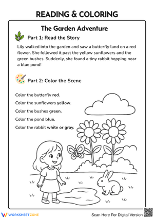 The Garden Adventure Reading & Coloring Worksheet
