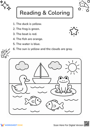 Reading and Coloring Worksheet: Pond Scene 