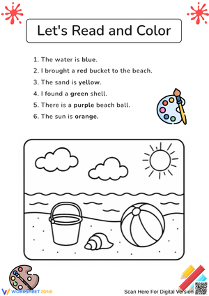 Beach Scene Reading and Coloring Worksheet