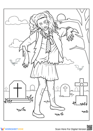 Zombie Girl in Graveyard – Halloween Coloring Page for Kids