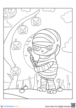 Cute Mummy with Wand Halloween Coloring Page for Kids