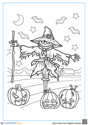 Spooky Scarecrow with Pumpkins Halloween Coloring Page