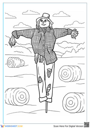Classic Farm Scarecrow Coloring Page with Hay Bales