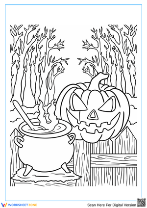 Witch’s Cauldron and Jack-o’-Lantern Halloween Coloring Page