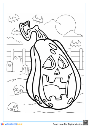 Creepy Jack-o’-Lantern in Graveyard Halloween Coloring Page