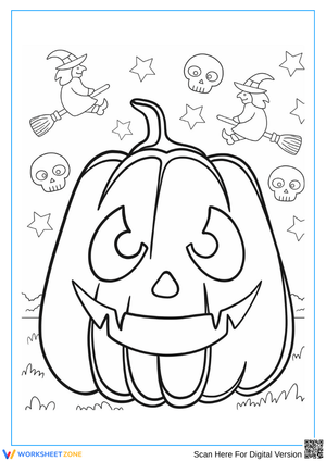Smiling Jack-o’-Lantern with Flying Witches Coloring Page