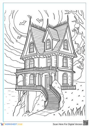 Spooky Haunted House on a Hill Halloween Coloring Page