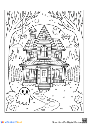 Cute Haunted House with Ghosts and Spiders Coloring Page
