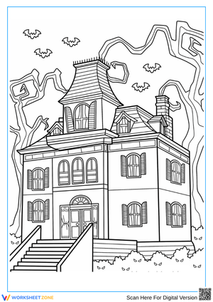 Spooky Haunted Mansion with Bats Coloring Page for Kids