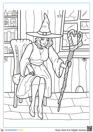 Witch with Magic Staff Halloween Coloring Page