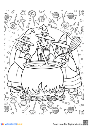 Three Witches Stirring a Cauldron – Halloween Coloring Page