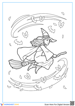 Flying Witch Halloween Coloring Page for Kids