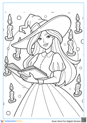 Charming Witch Coloring Page with Spellbook and Candles