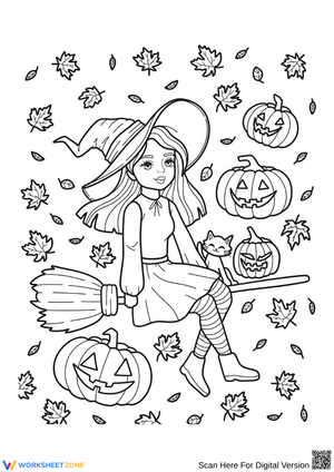 Cute Witch on Broomstick Coloring Page with Pumpkins and Leaves